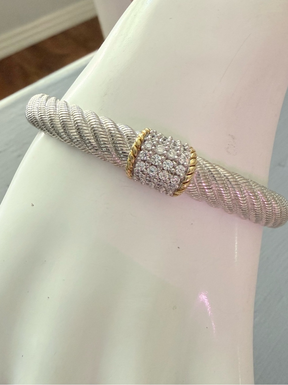 Judith Ripka Two-Tone 925 Sterling Silver Pave Crystal Rope Hinged Cuff Bracelet